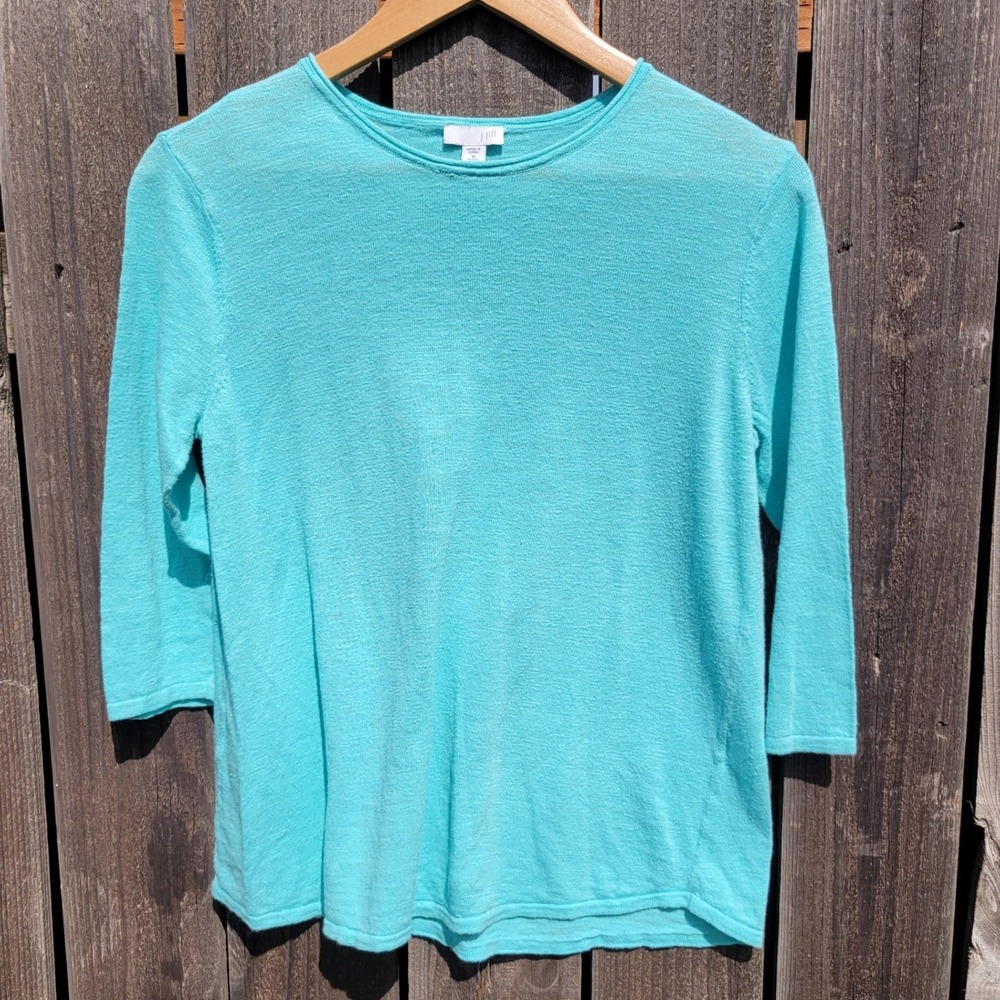 J. Jill Womens Turquoise Blue Linen Cotton 3/4 Sleeve Sweater M Petite SSW055712